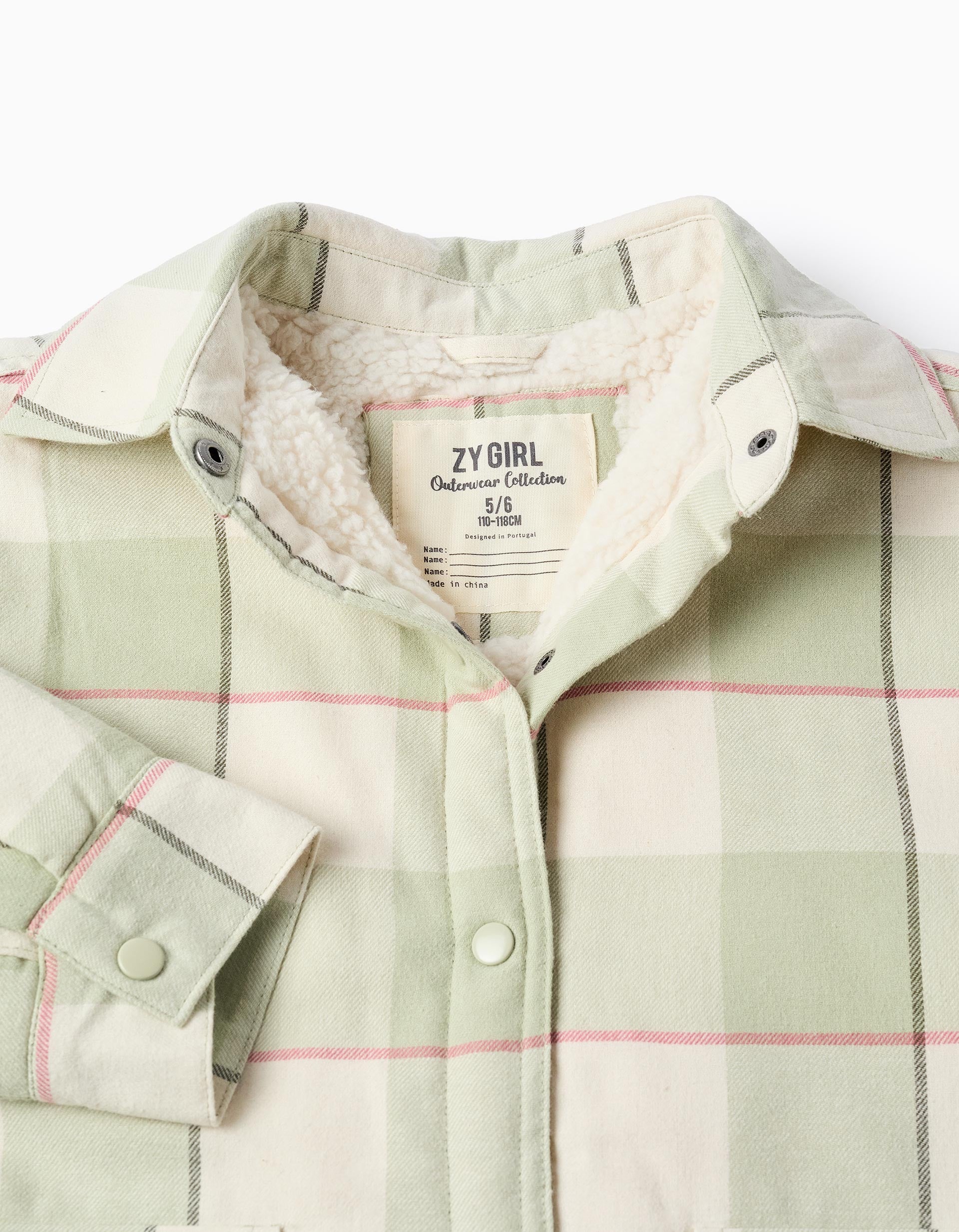 Flannel jacket with sherpa lining for girls, light green