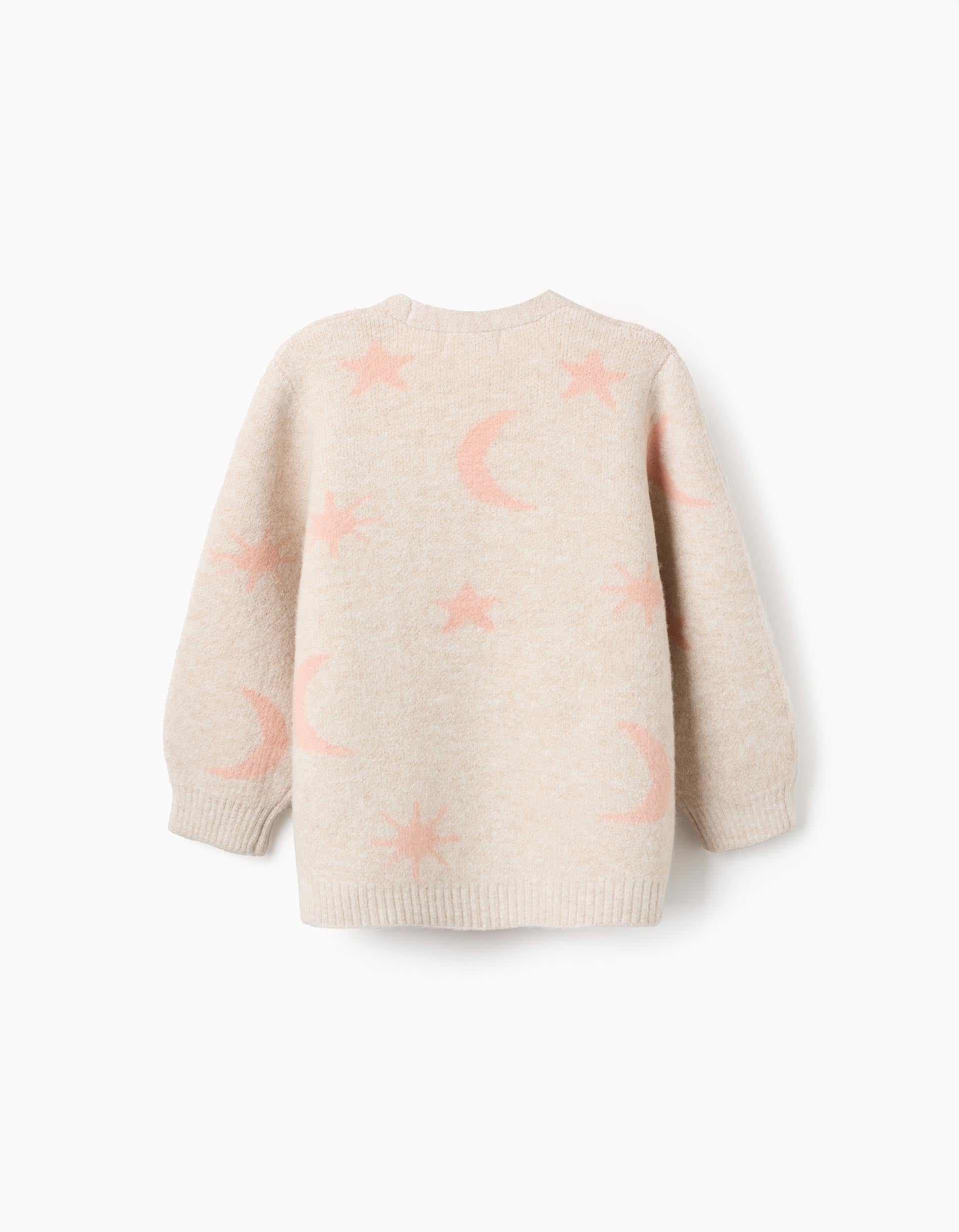 Casaco comprido de malha com lurex e bordado para menina, bege/rosa