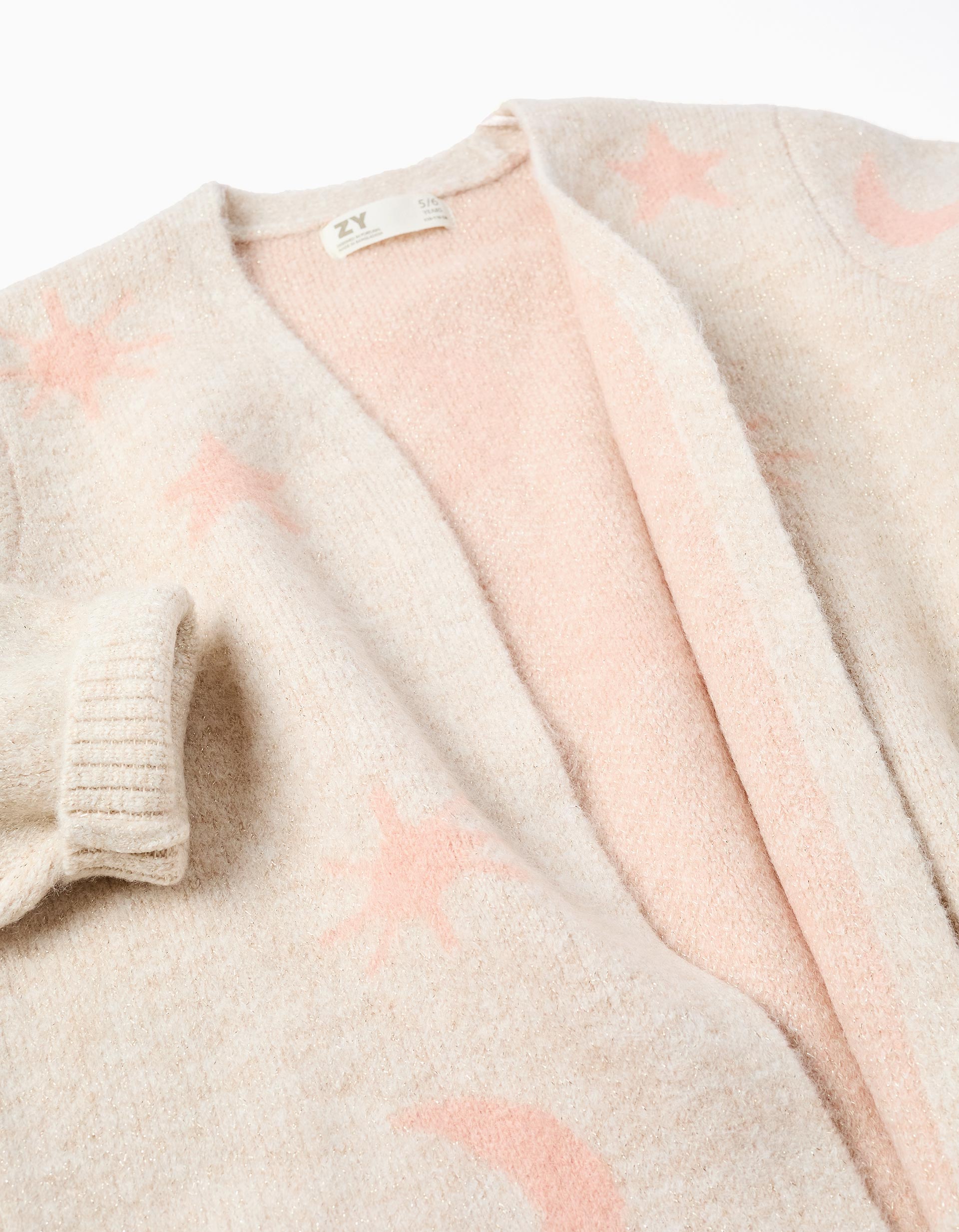 Casaco comprido de malha com lurex e bordado para menina, bege/rosa