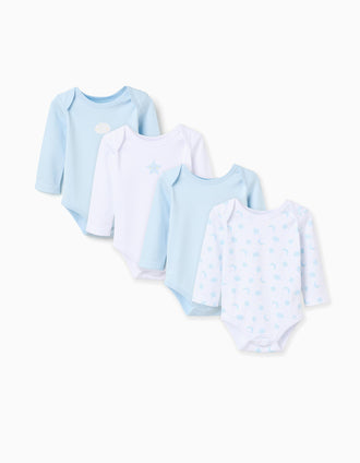 Pack de 4 bodies de algodón para recién nacido y bebé, azul/blanco