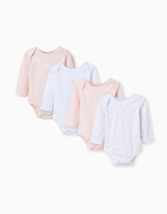 Lote de 4 Bodies de Algodón para Bebé Niña 'Luna y Estrella', Blanco/Rosa