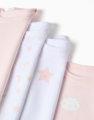 Lote de 4 Bodies de Algodón para Bebé Niña 'Luna y Estrella', Blanco/Rosa