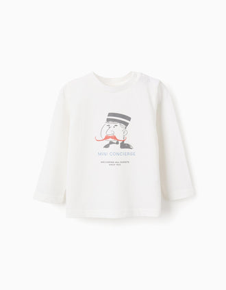T-shirt de Manga Comprida para Bebé Menino 'Mini Concierge', Branco