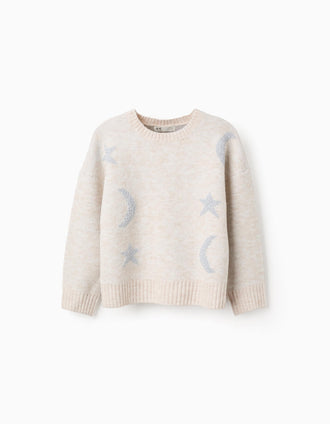 Jersey de punto con luna y estrellas de lúrex para niña, beige