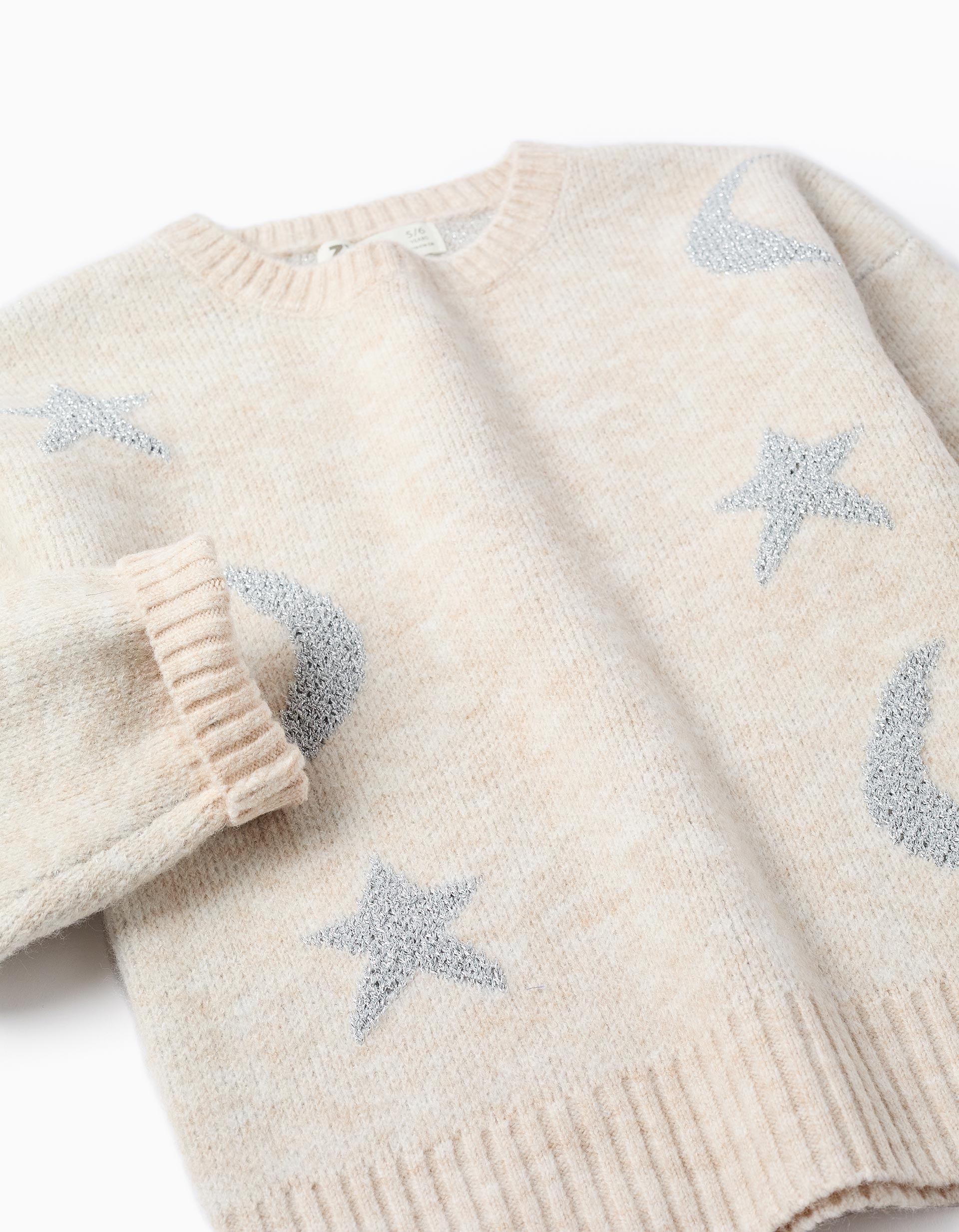 Camisola de malha com luas e estrelas de lurex para menina, bege