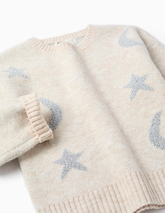 Jersey de punto con luna y estrellas de lúrex para niña, beige