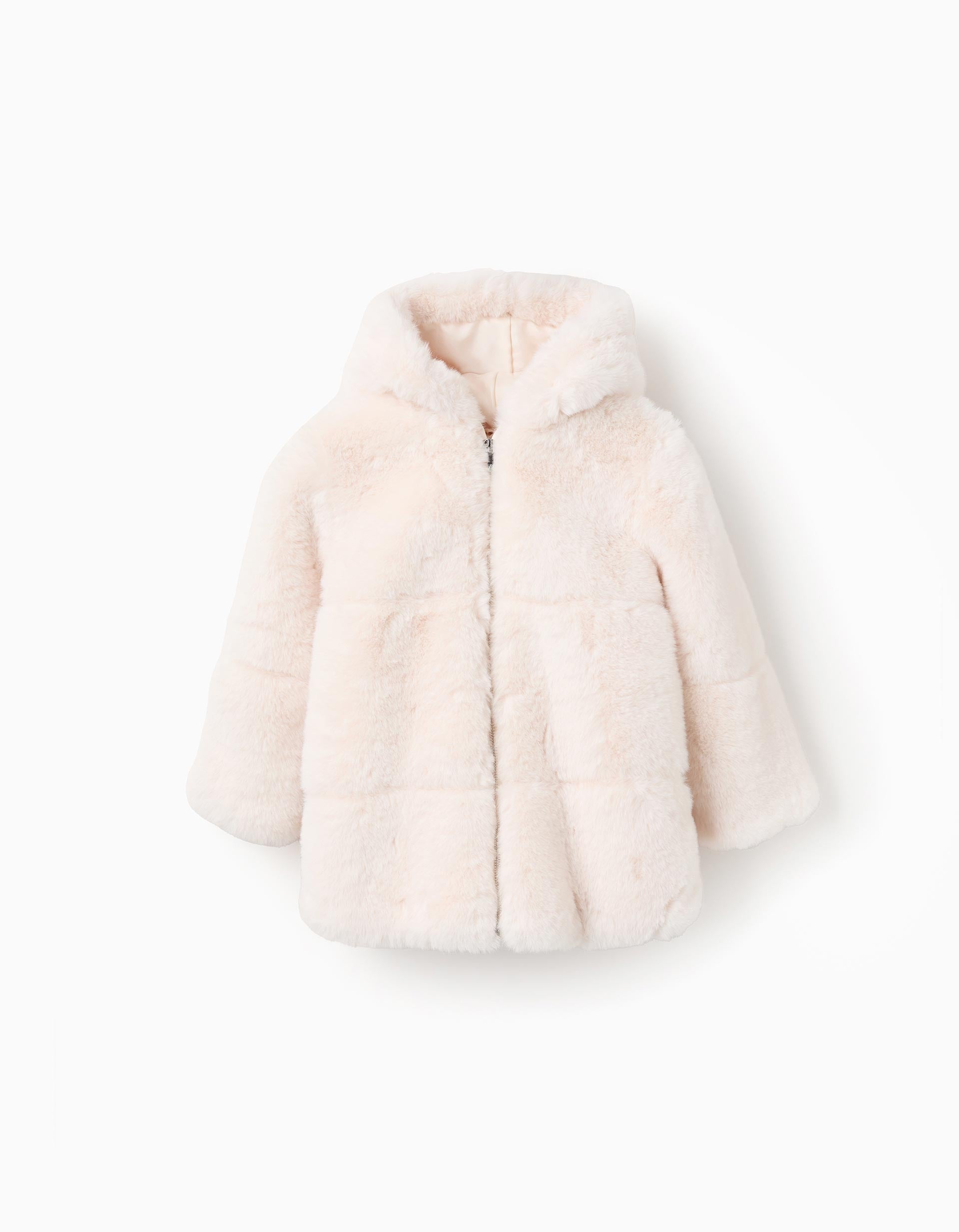 Long hooded coat in faux fur for girls, beige