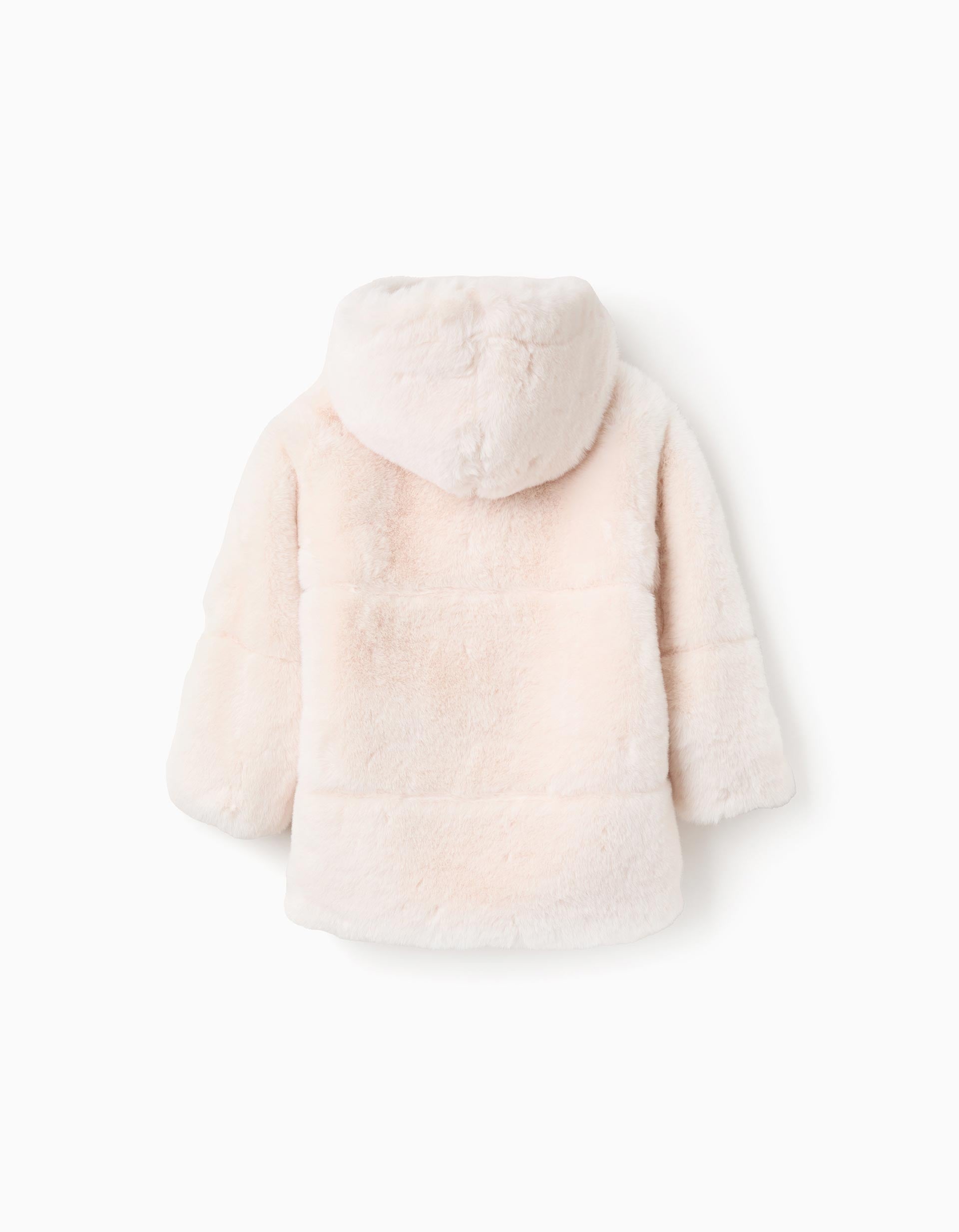 Long hooded coat in faux fur for girls, beige