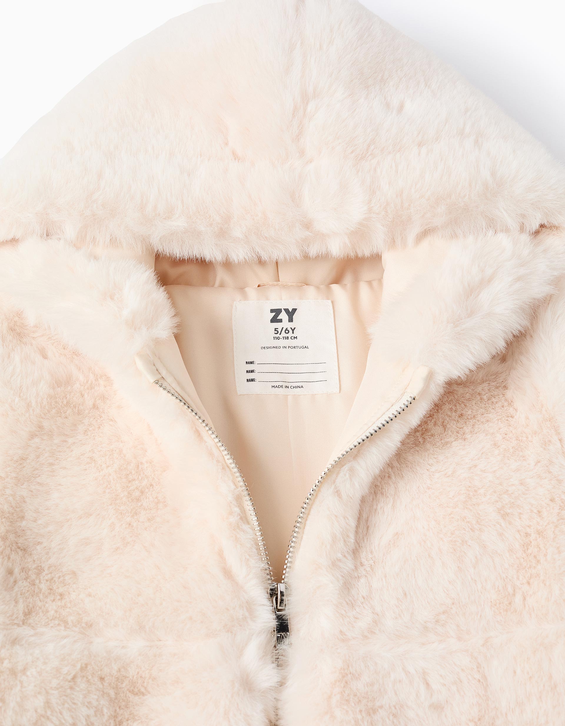 Long hooded coat in faux fur for girls, beige