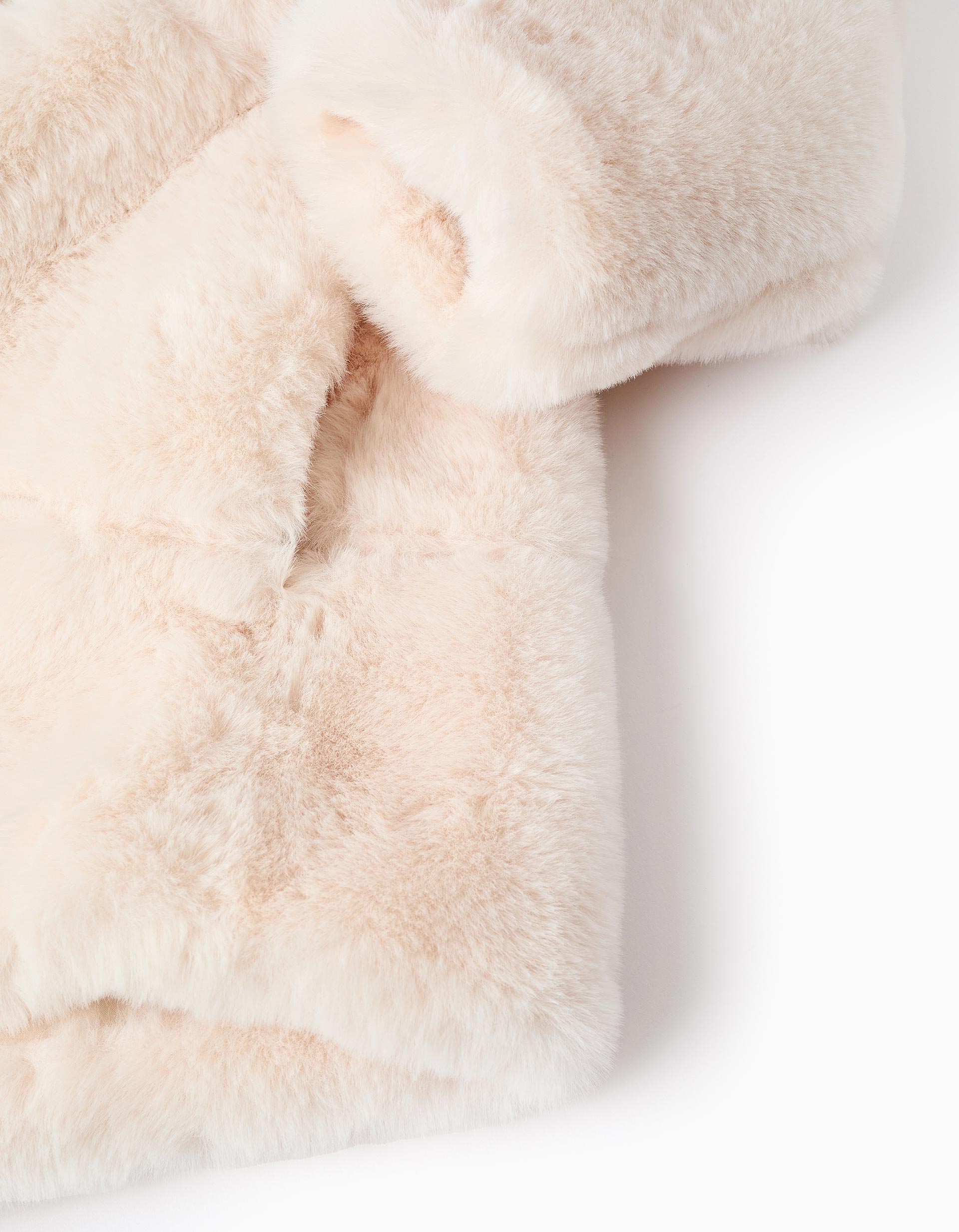 Long hooded coat in faux fur for girls, beige