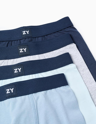 Pack of 4 Plain Boxer Shorts for Boys, Grey/Dark Blue/Light Blue