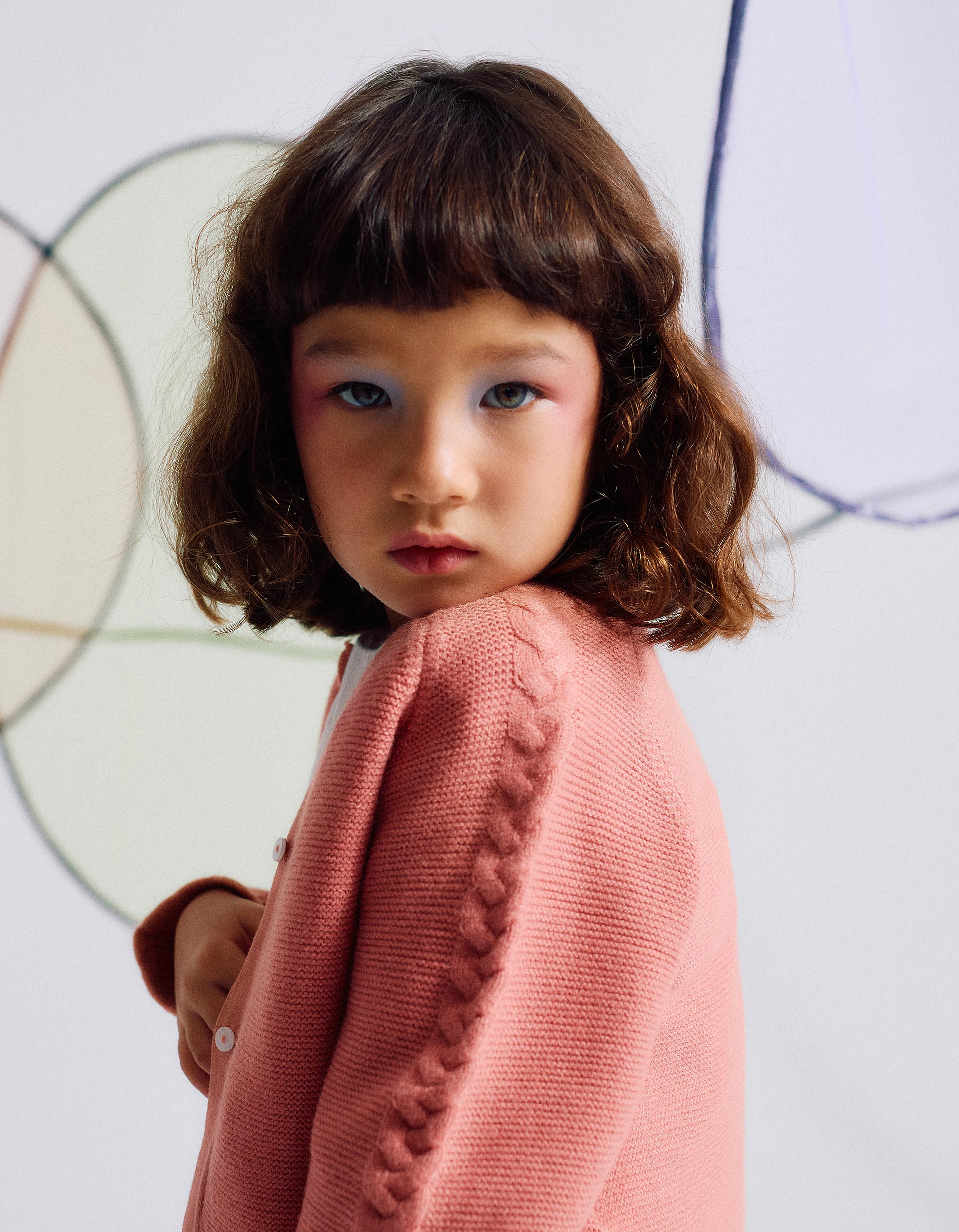 Cardigan à col rond avec détail à torsades pour fille, rose