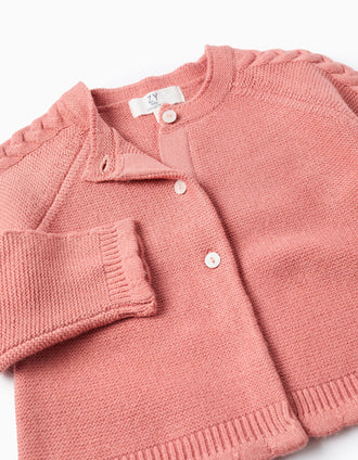 Knitted cardigan with cable details for baby girls, pink