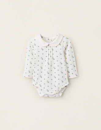Floral Bodysuit with Peter Pan Collar for Newborn Girls, White/Green