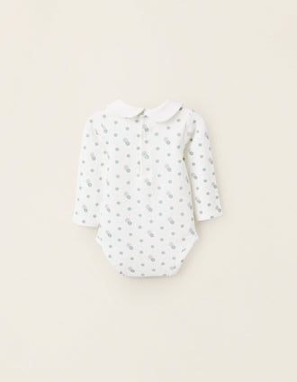 Floral Bodysuit with Peter Pan Collar for Newborn Girls, White/Green