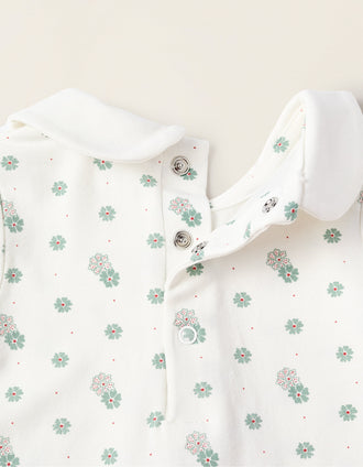 Floral Bodysuit with Peter Pan Collar for Newborn Girls, White/Green