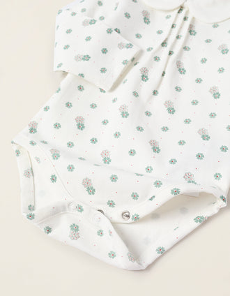 Floral Bodysuit with Peter Pan Collar for Newborn Girls, White/Green