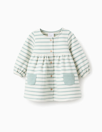 Striped Brushed Dress for Newborn Girls, White/Blue-Green