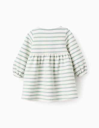 Striped Brushed Dress for Newborn Girls, White/Blue-Green
