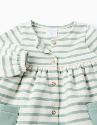 Striped Brushed Dress for Newborn Girls, White/Blue-Green