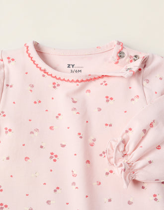Bodysuit with Flower and Mushroom Pattern for Newborn Girls, Pink