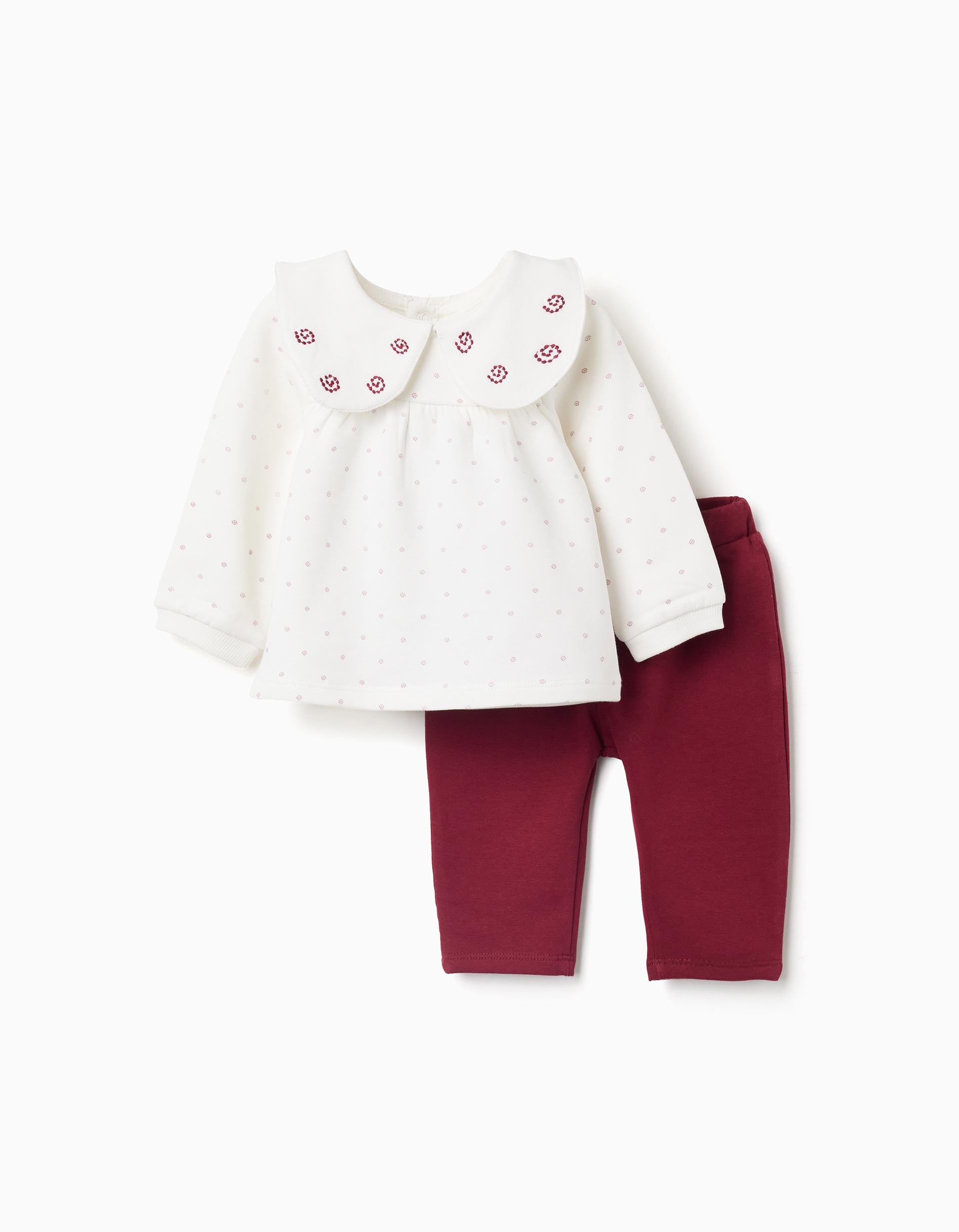 Brushed sweatshirt + trousers for newborn girls, white/burgundy