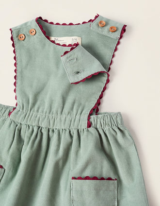 Corduroy Pinafore Dress for Newborn Girls, Green/Burgundy