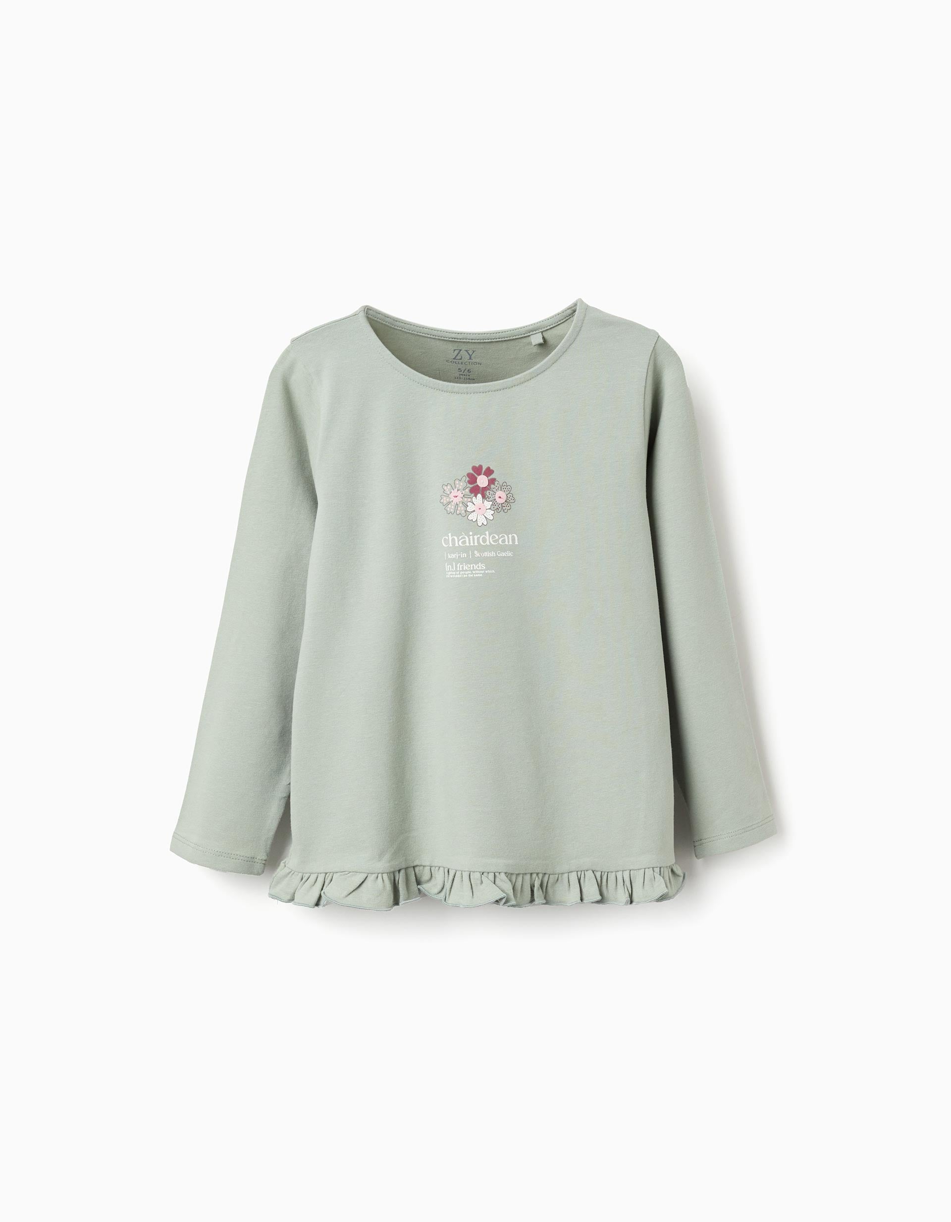 Long sleeve T-shirt with flower print and ruffles for girls, green