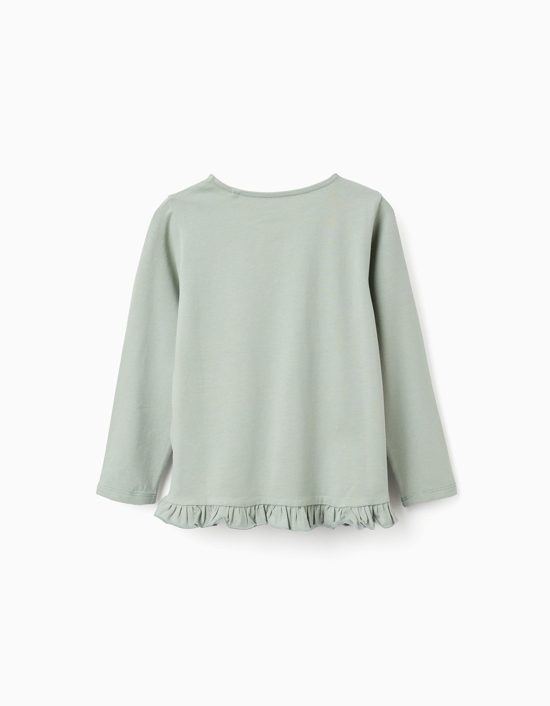 Long sleeve T-shirt with flower print and ruffles for girls, green