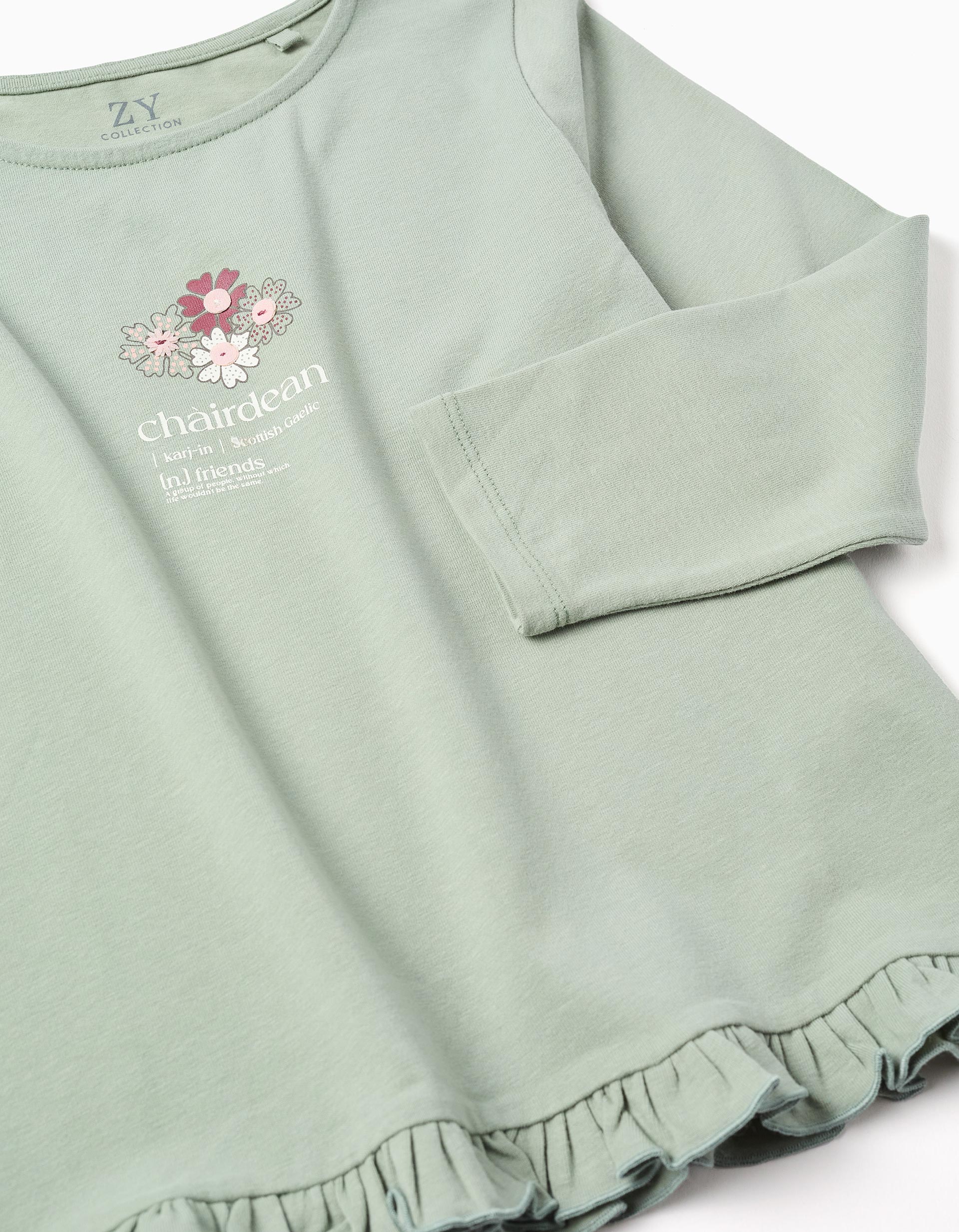 Long sleeve T-shirt with flower print and ruffles for girls, green