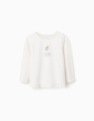 T-shirt de manga comprida com estampado e folhos para menina, branco
