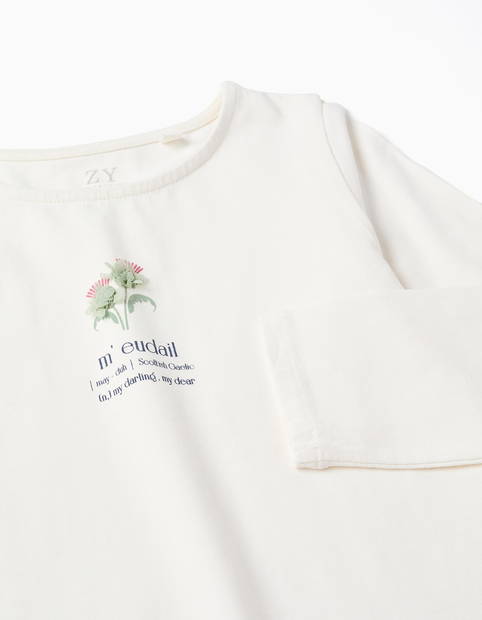 T-shirt à manches longues avec imprimé fleurs et volants pour fille, blanc
