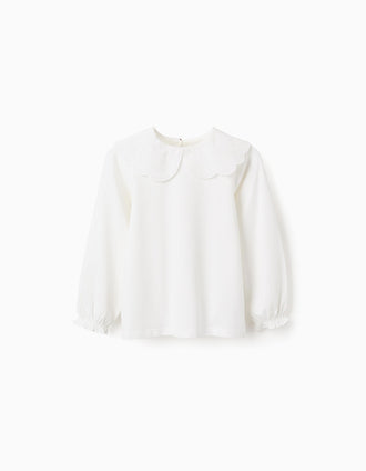 T-shirt com Gola de Bordado Inglês e Folhos para Menina, Branco