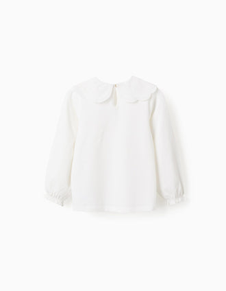 T-shirt com Gola de Bordado Inglês e Folhos para Menina, Branco