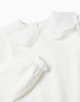 T-shirt com Gola de Bordado Inglês e Folhos para Menina, Branco