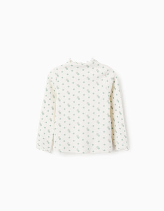 Camiseta de Manga Larga de Canalé Floral para Niña, Blanco