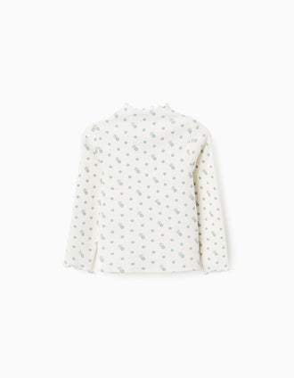 Camiseta de Manga Larga de Canalé Floral para Niña, Blanco