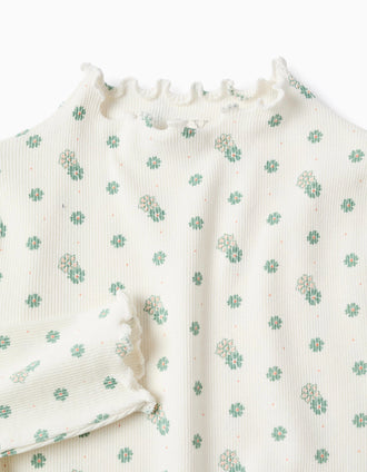 Camiseta de Manga Larga de Canalé Floral para Niña, Blanco