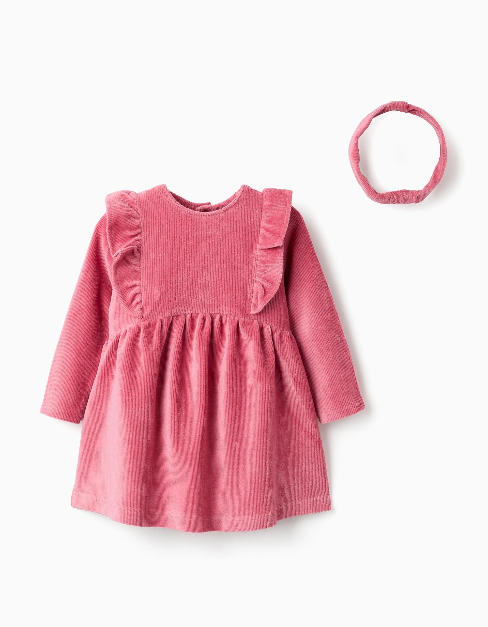 Corduroy long sleeve dress + elastic headband for baby girls, pink