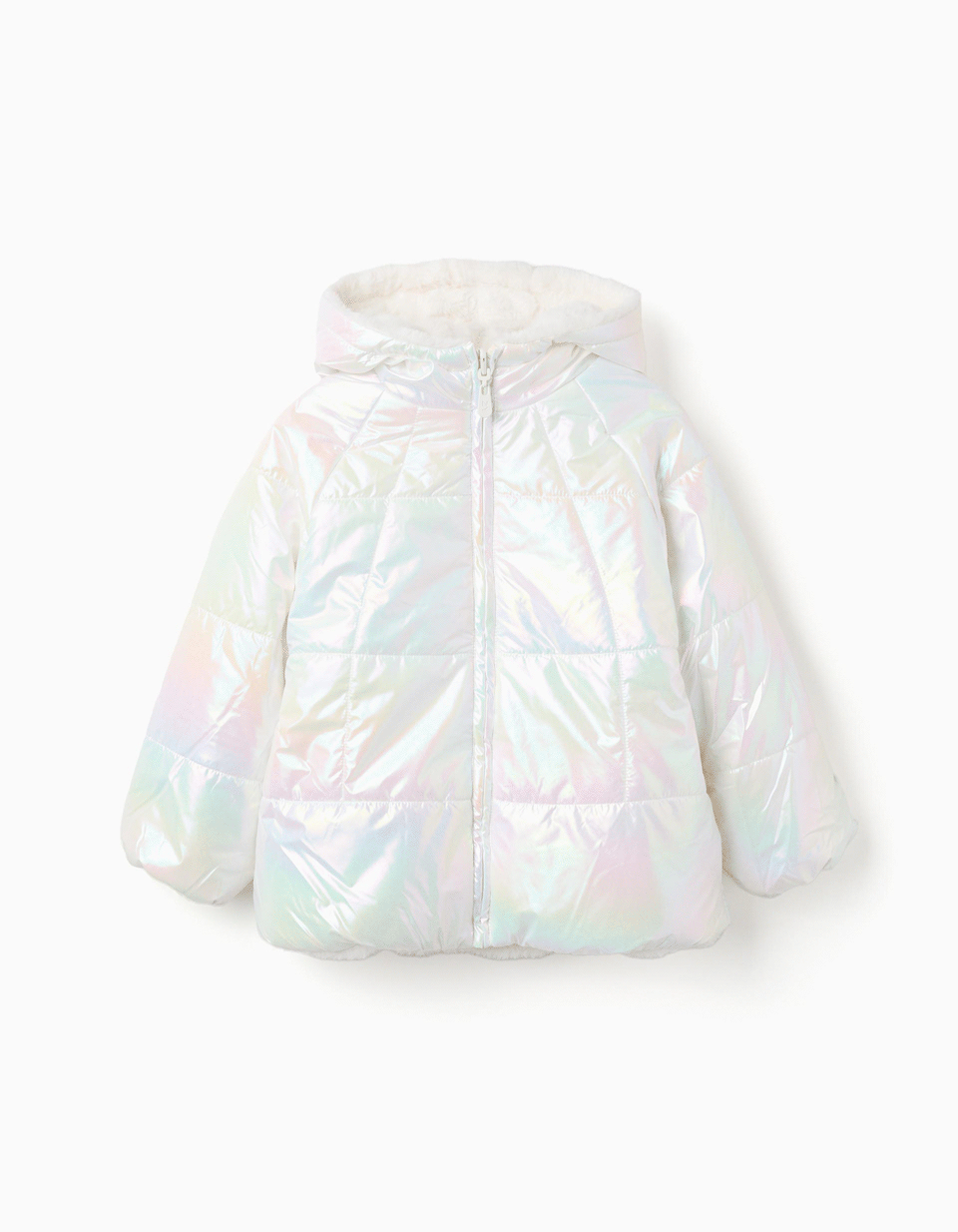 Reversible quilted jacket with hood for girls, iridescent/beige