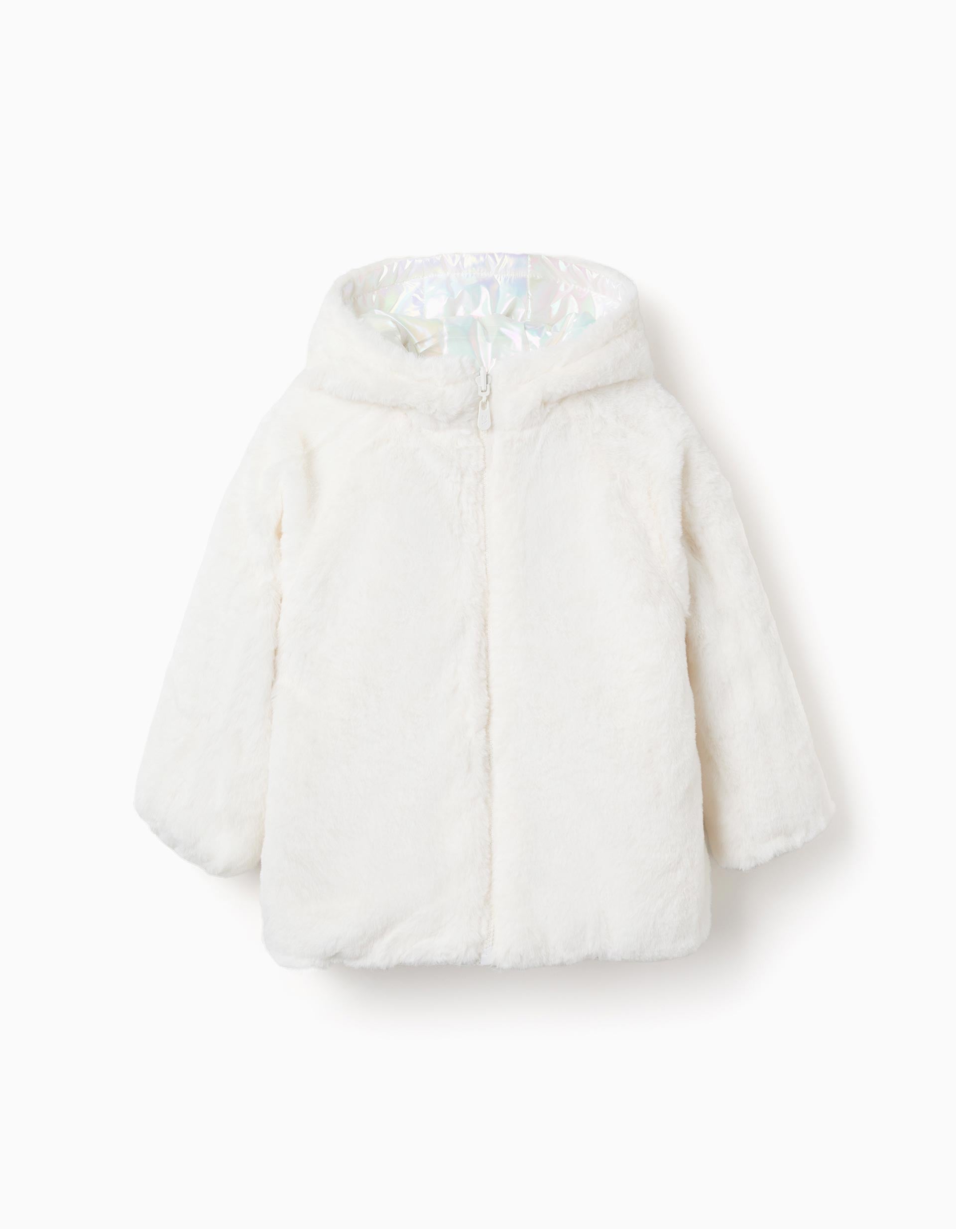 Reversible quilted jacket with hood for girls, iridescent/beige