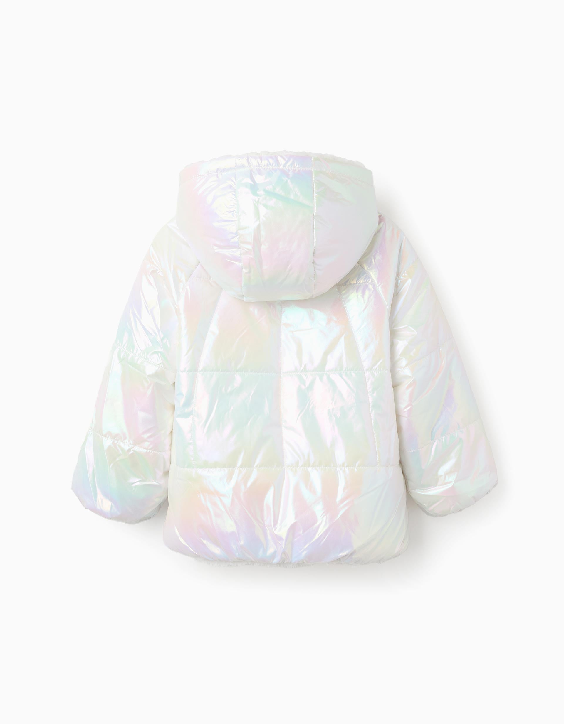 Reversible quilted jacket with hood for girls, iridescent/beige