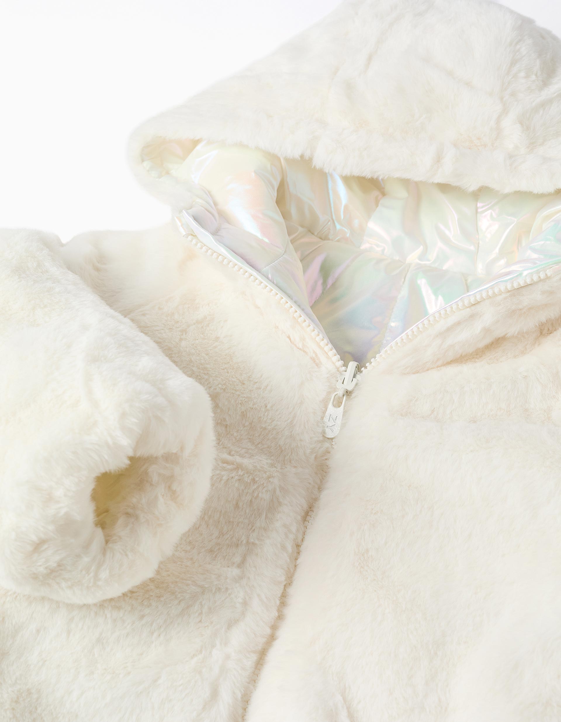 Reversible quilted jacket with hood for girls, iridescent/beige