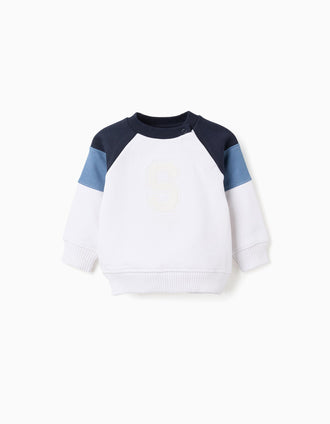 Sweat cardada com mangas em contraste para bebé menino, branco/azul