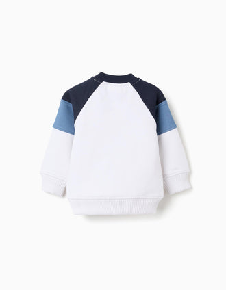 Sweat cardada com mangas em contraste para bebé menino, branco/azul