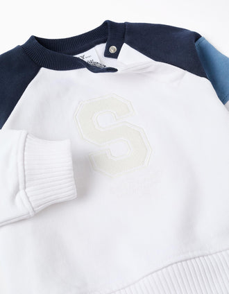 Sweat cardada com mangas em contraste para bebé menino, branco/azul