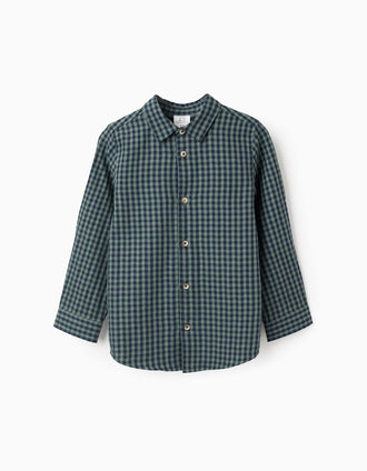 Camisa de Algodão com Motivo Vichy para Menino, Verde/Azul