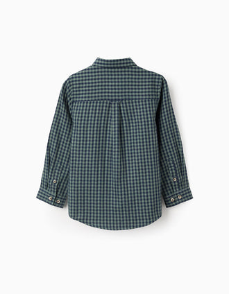 Camisa de Algodão com Motivo Vichy para Menino, Verde/Azul