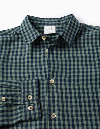 Camisa de Algodão com Motivo Vichy para Menino, Verde/Azul