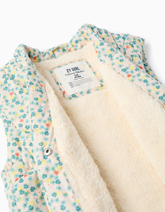 Chaleco de algodón con motivo floral y forro en sherpa para niña, beige